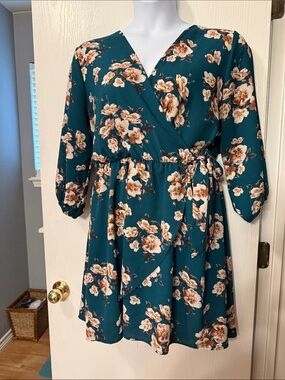 Floral Wrap V-Neck Teal Dress